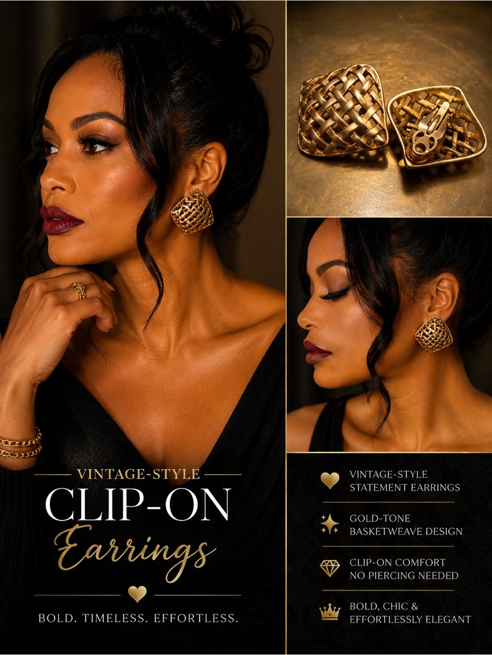 ✨Vintage Gold Tone Basketweave Clip On Statement Earrings✨